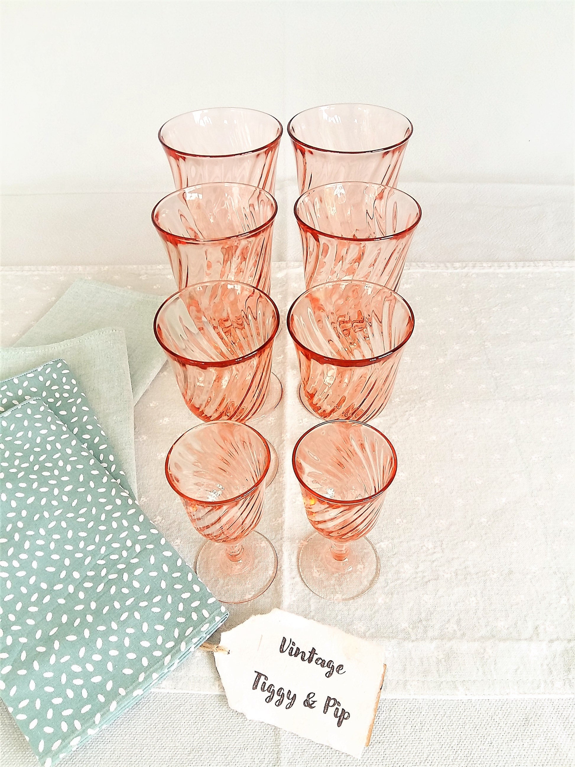 Pink Glassware. EIGHT Vintage Glasses. from Tiggy & Pip - €128.00! Shop now at Tiggy and Pip