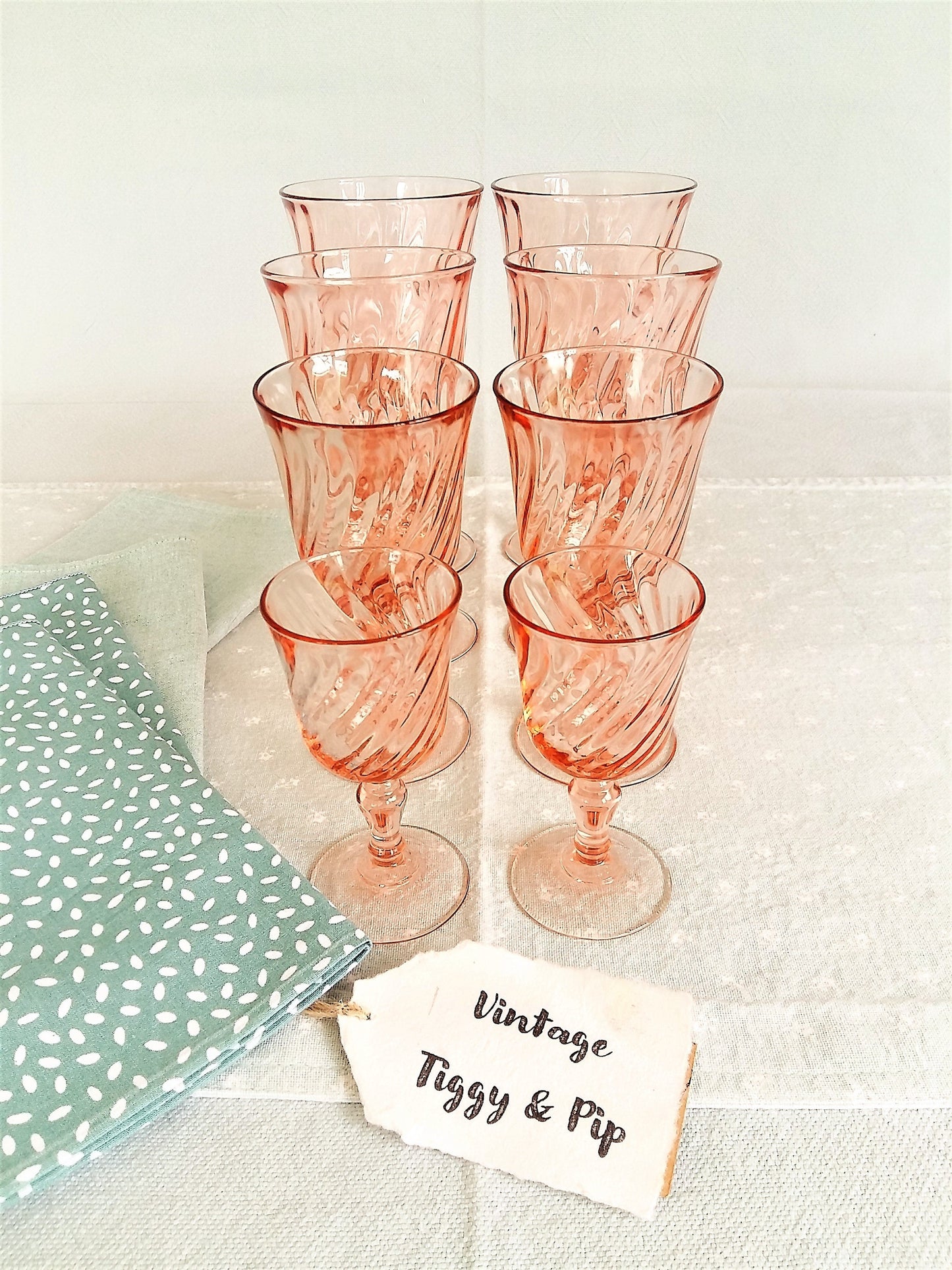 Pink Glassware. EIGHT Vintage Glasses. from Tiggy & Pip - €128.00! Shop now at Tiggy and Pip