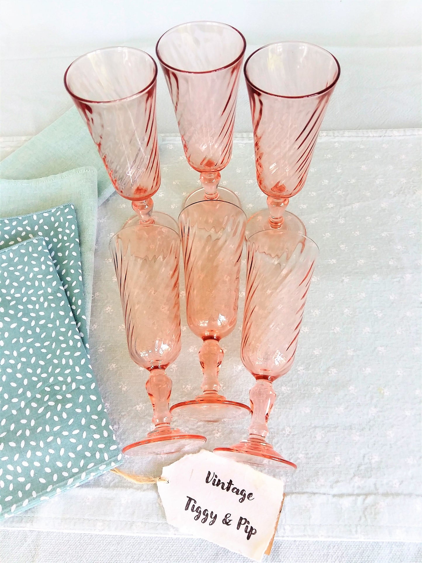 Six 1960s Vintage Pink Champagne Flutes. from Tiggy & Pip - €120.00! Shop now at Tiggy and Pip