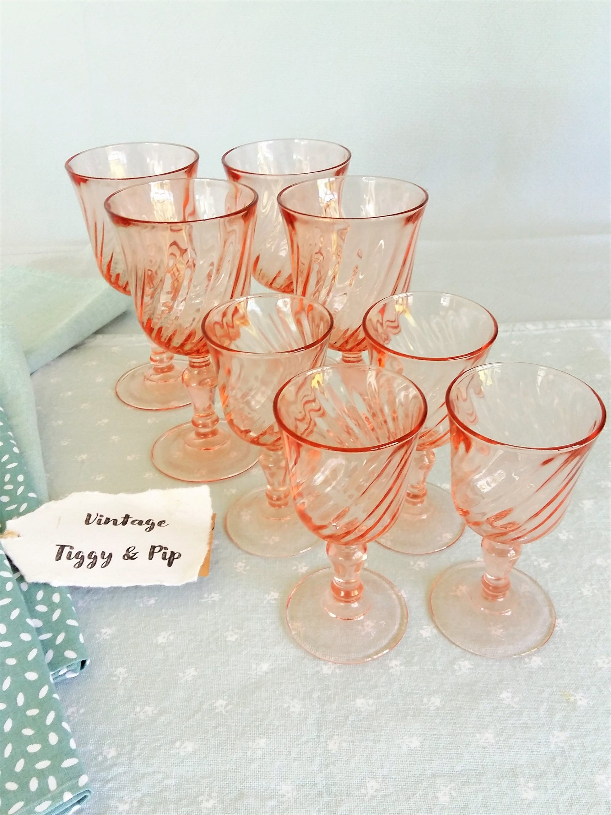 Vintage Pink Glassware. EIGHT Glasses. from Tiggy & Pip - €128.00! Shop now at Tiggy and Pip