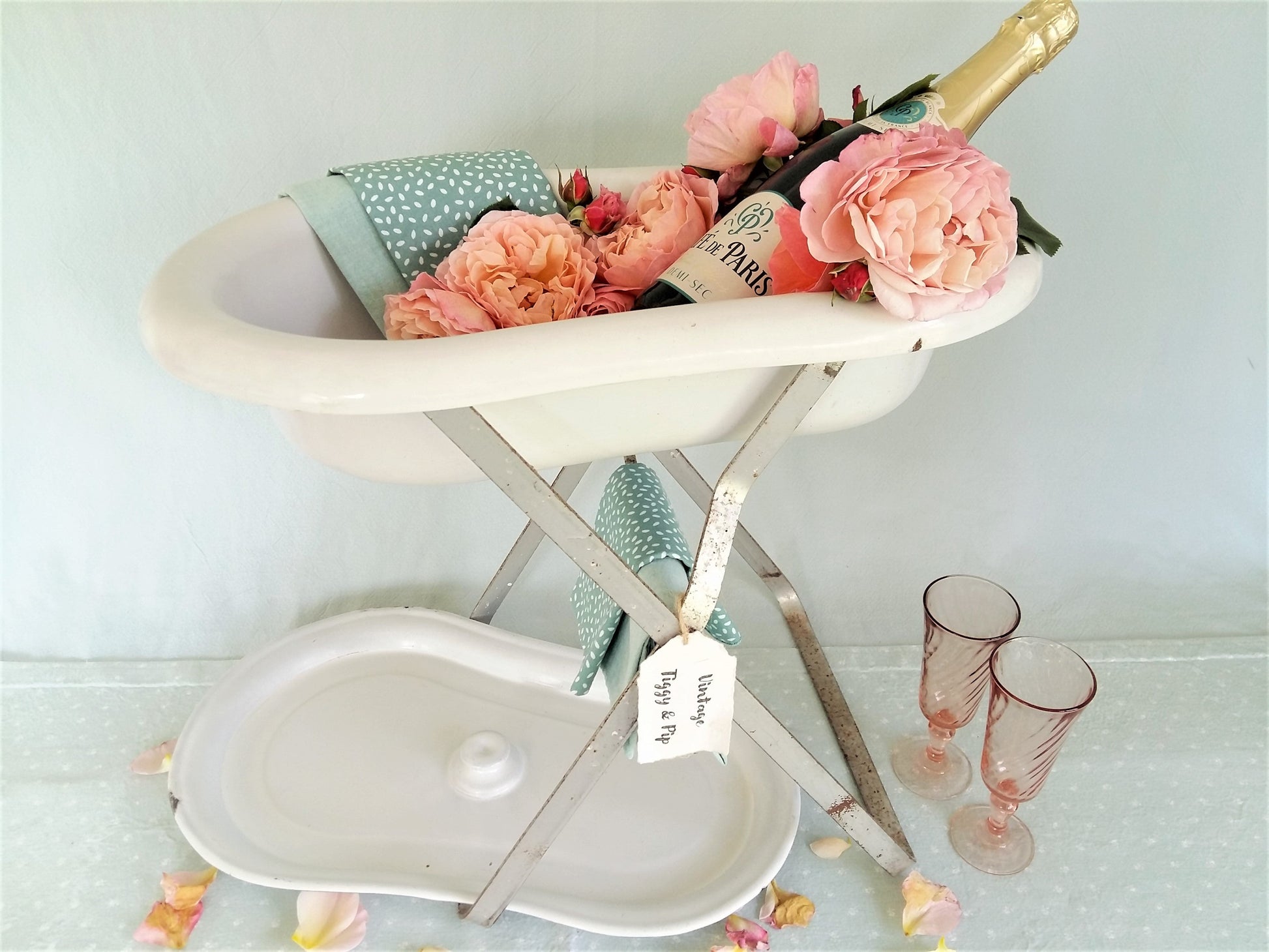 Enamel Baby Bath Tub with Lid, on Stand. from Tiggy & Pip - €260.00! Shop now at Tiggy and Pip