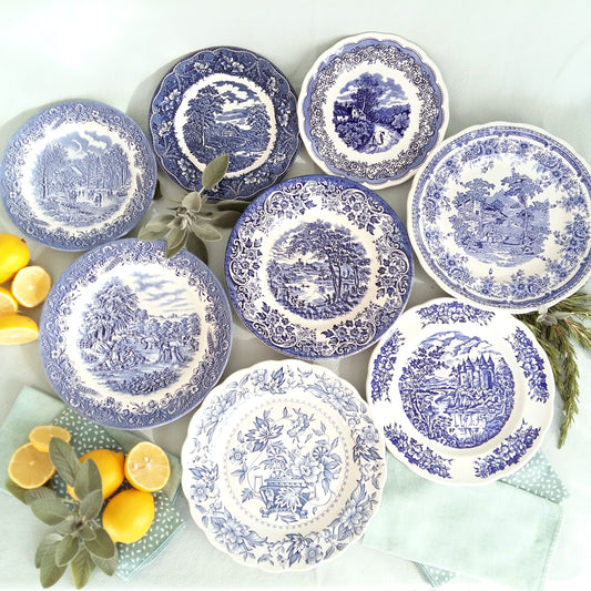 Eight mismatched blue and white plates from Tiggy & Pip - Just €199! Shop now at Tiggy and Pip