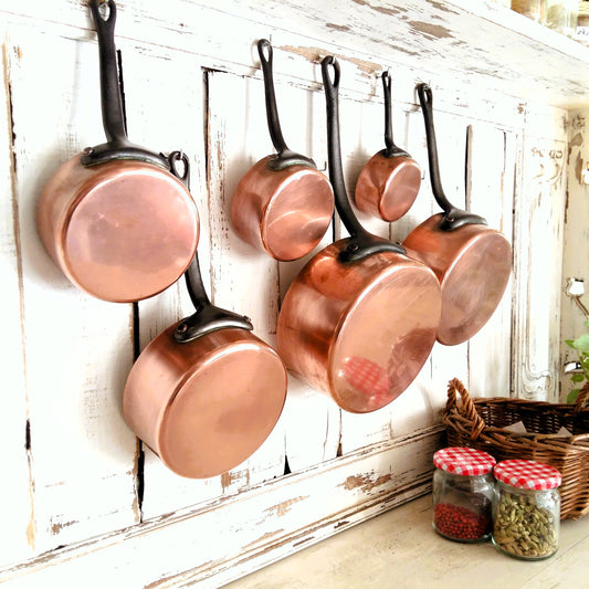 SIX Copper Pans with Cast Iron Handles from Tiggy & Pip - Just €180! Shop now at Tiggy and Pip