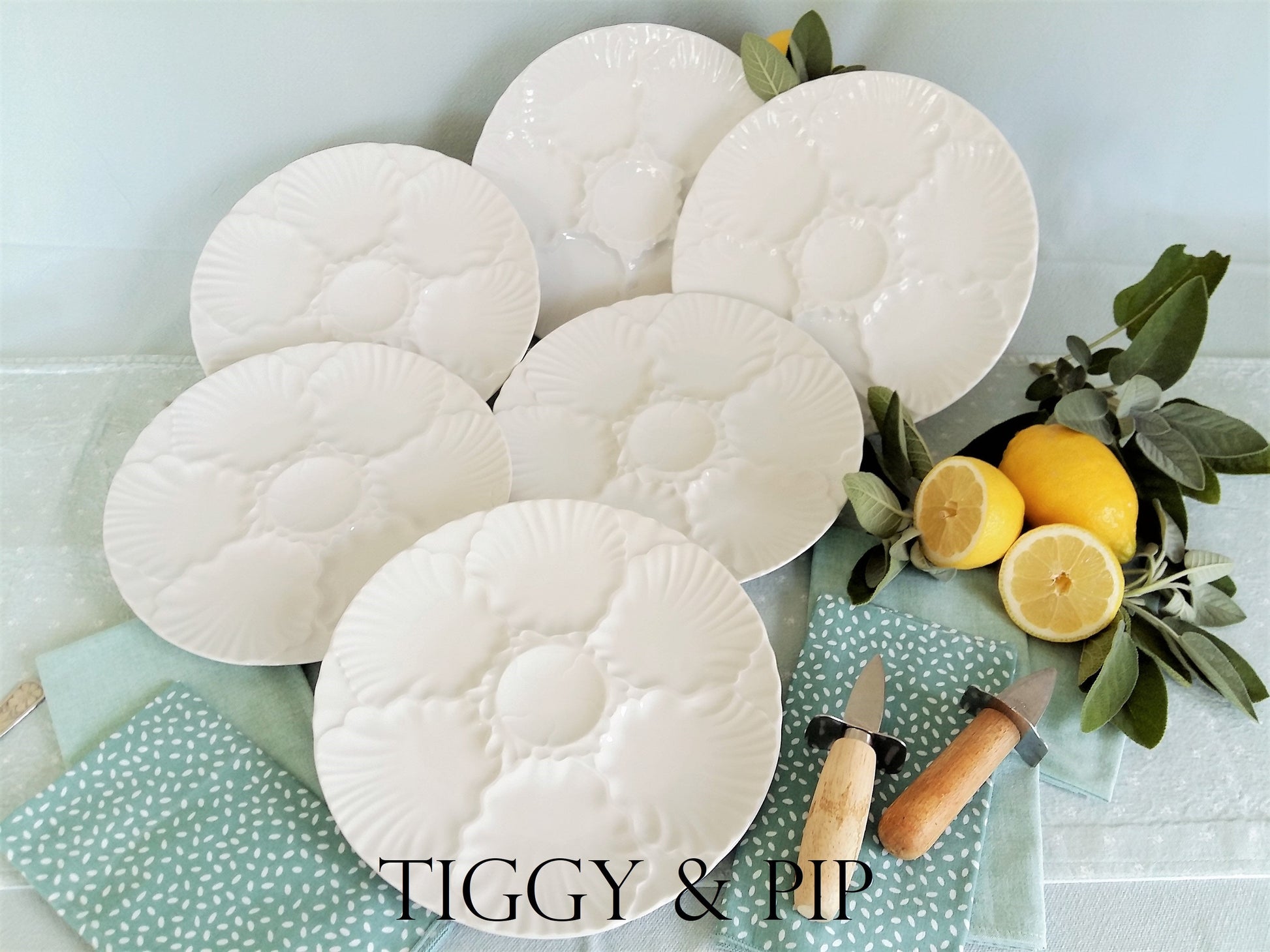 SIX Oyster Plates. Coastal Dinnerware. from Tiggy & Pip - €168.00! Shop now at Tiggy and Pip