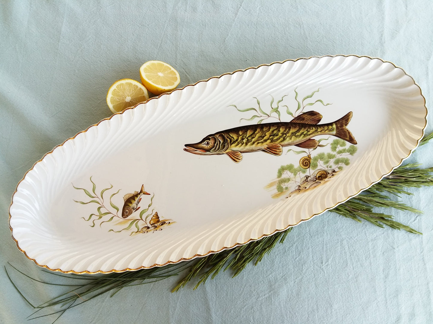 Extra Long, French, Porcelain, "Lunéville" Fish Platter With Gilded Trim. from Tiggy & Pip - €160.00! Shop now at Tiggy and Pip