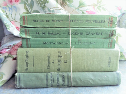 Antique, French, Green Book Stack. Works by Montaigne, Balzac & Alfred de Musset. from Tiggy & Pip - Just €120! Shop now at Tiggy and Pip