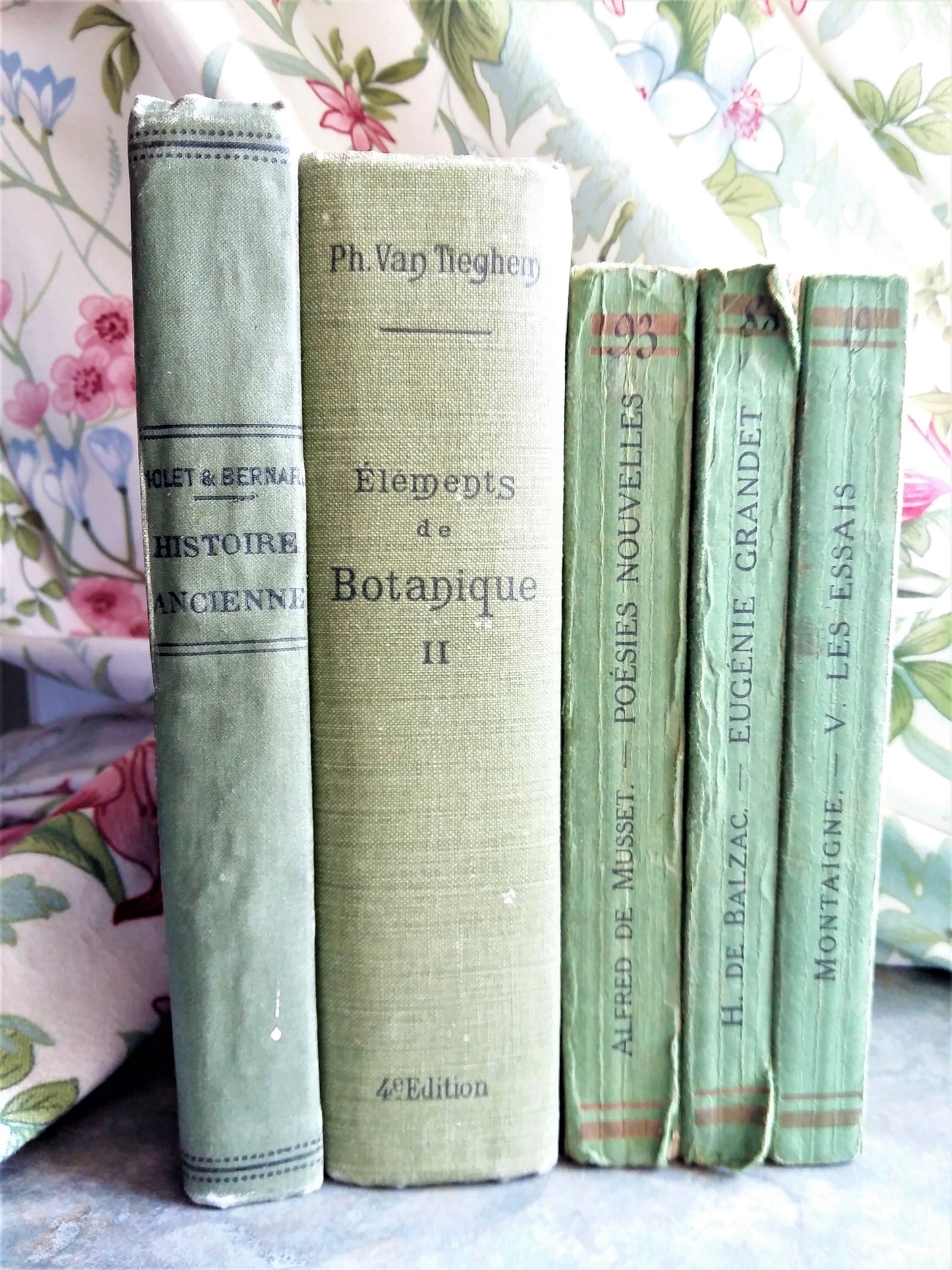 Antique, French, Green Book Stack. Works by Montaigne, Balzac & Alfred de Musset. from Tiggy & Pip - €120.00! Shop now at Tiggy and Pip