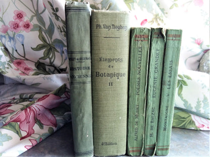 Antique, French, Green Book Stack. Works by Montaigne, Balzac & Alfred de Musset. from Tiggy & Pip - Just €120! Shop now at Tiggy and Pip