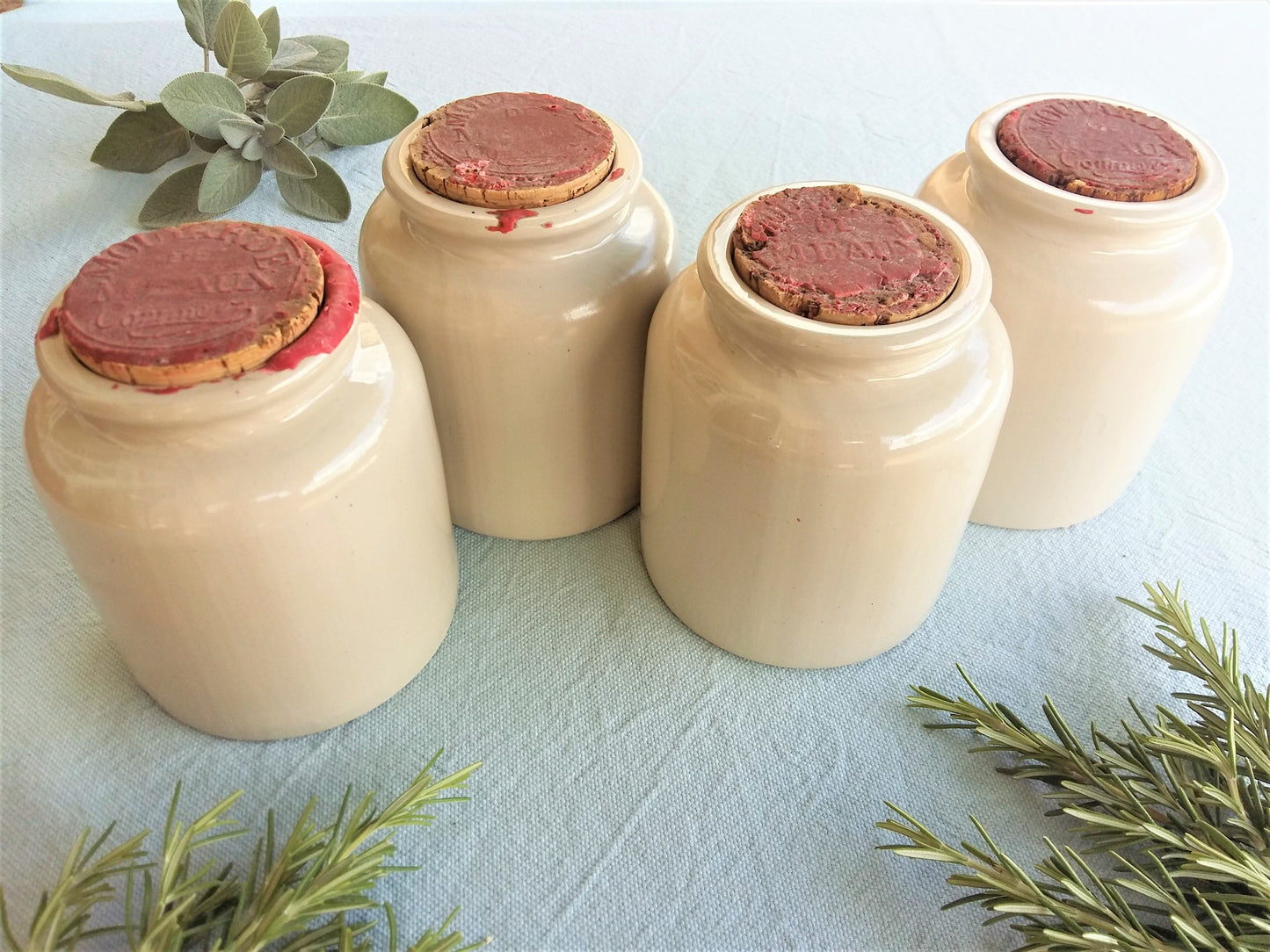 Set of Four, Antique, Stoneware Mustard Pots with Waxed Cork Stoppers. from Tiggy & Pip - €112.00! Shop now at Tiggy and Pip