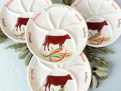 Four 1980s French Fondue Plates. "Fondue Bourguignonne" Design. from Tiggy & Pip - Just €104! Shop now at Tiggy and Pip