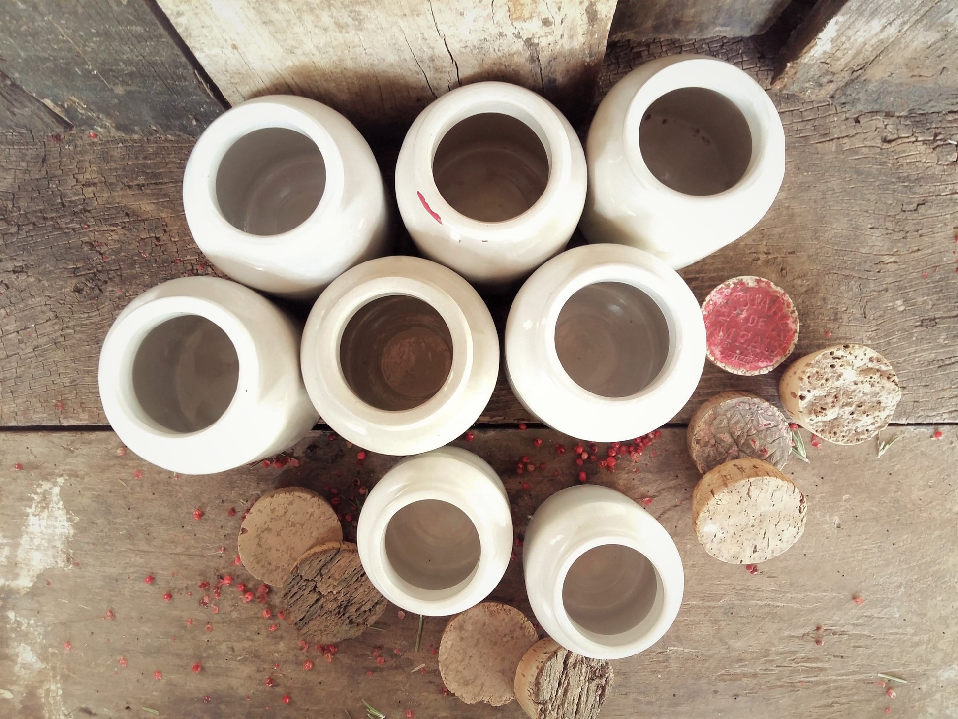 Eight French Stoneware Mustard Crocks with Vintage Cork Stoppers. from Tiggy & Pip - Just €240! Shop now at Tiggy and Pip