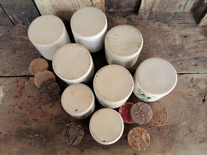 Eight French Stoneware Mustard Crocks with Vintage Cork Stoppers. from Tiggy & Pip - Just €240! Shop now at Tiggy and Pip