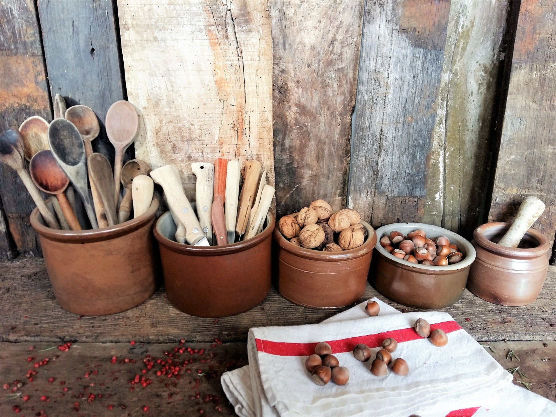 Set of Five French Confit Pots. Primitive Kitchen Storage Pots from Tiggy & Pip - €199.00! Shop now at Tiggy and Pip