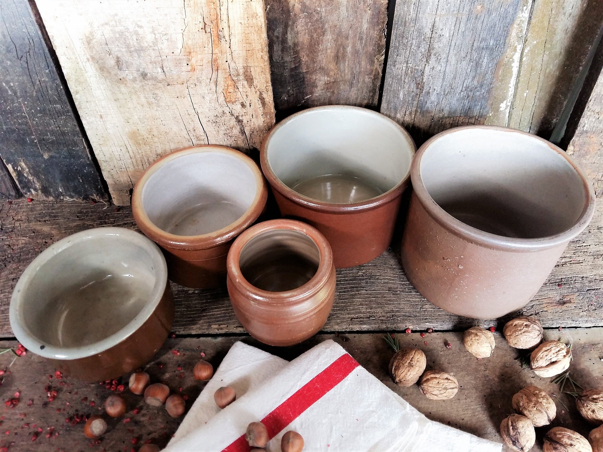 Set of Five French Confit Pots. Primitive Kitchen Storage Pots from Tiggy & Pip - €199.00! Shop now at Tiggy and Pip