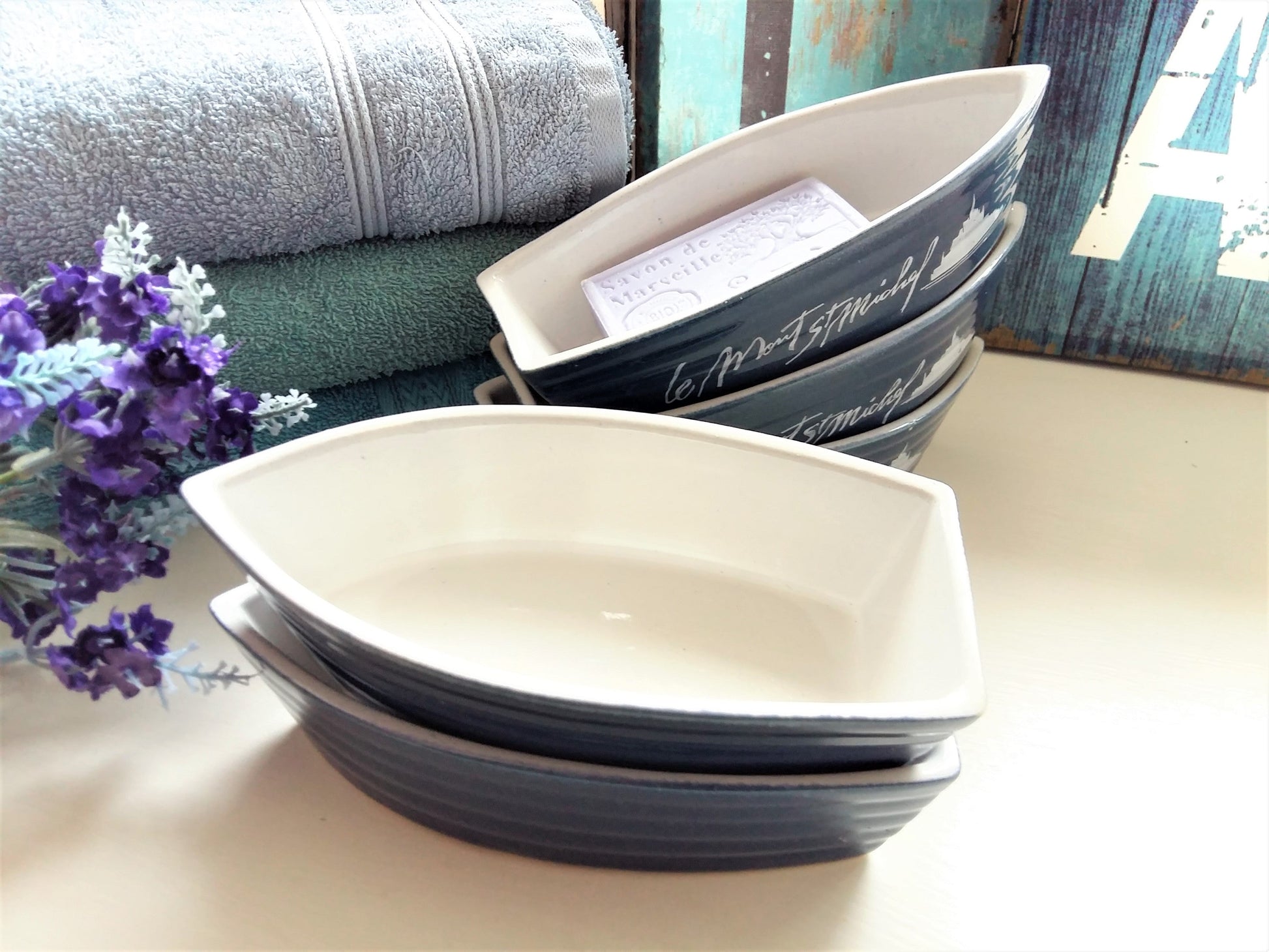Set of FIVE Boat Shape Soap Dishes from Le Mont St. Michel. from Tiggy & Pip - €99.00! Shop now at Tiggy and Pip