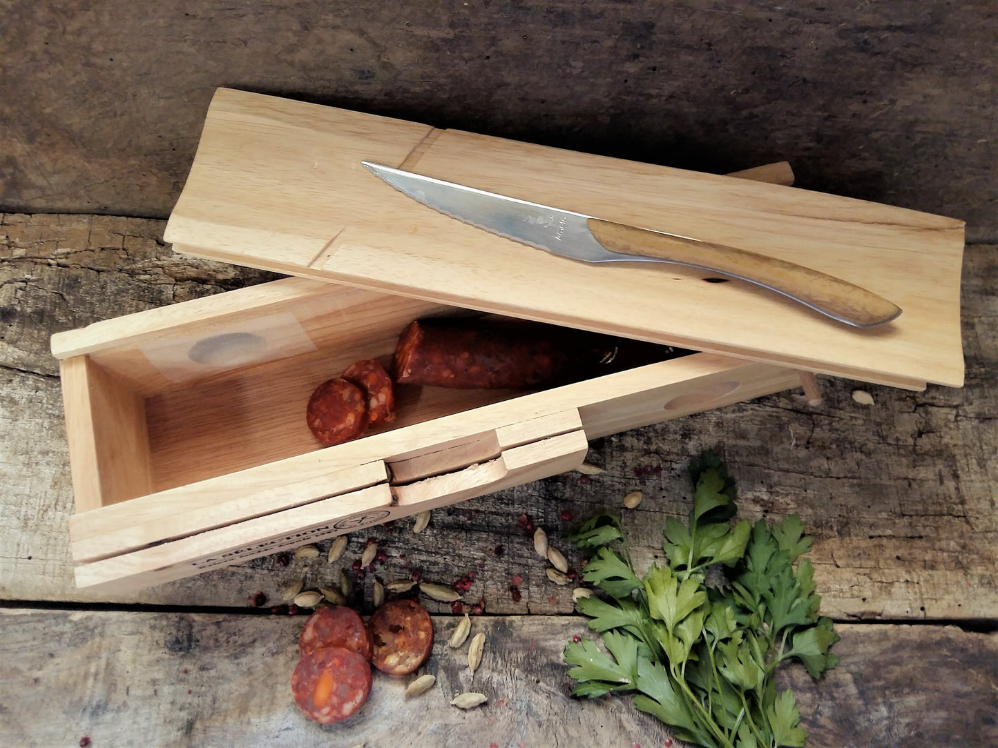 Charcuterie Box. Saucisson Sausage Storage Box with Chopping Board Lid. from Tiggy & Pip - €69.50! Shop now at Tiggy and Pip