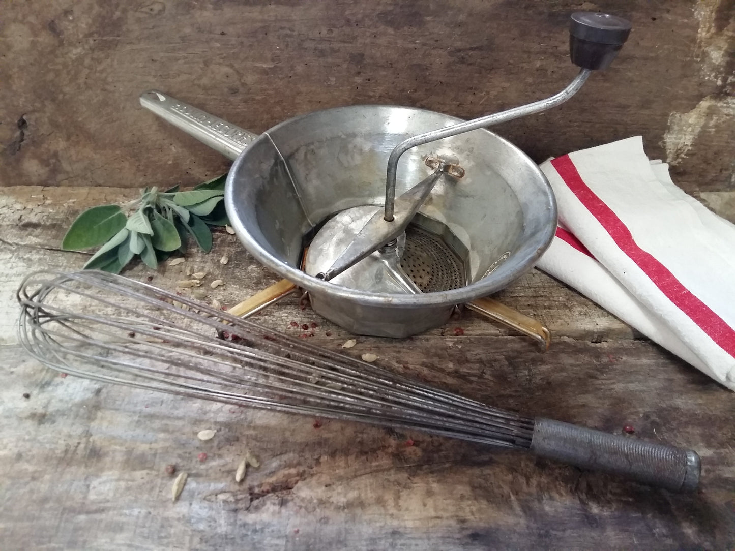 Original 1960s, Tin, Vintage Potato Ricer & Giant Metal Hand Whisk. from Tiggy & Pip - Just €79! Shop now at Tiggy and Pip