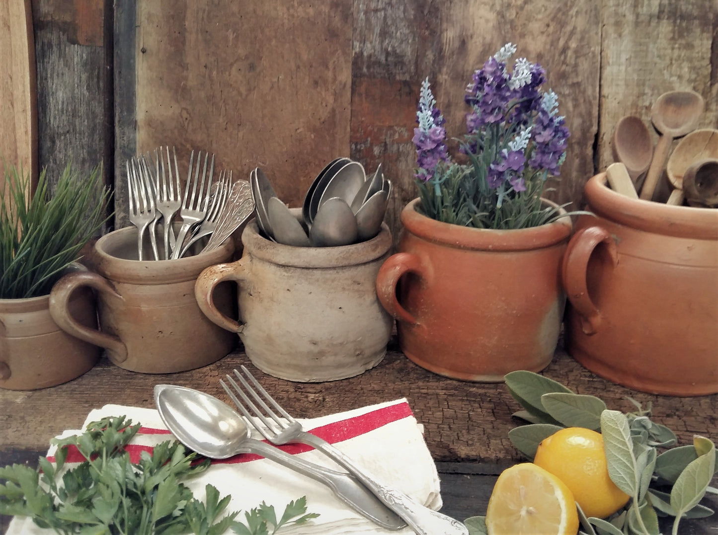 Five French Confit Pots. Kitchen Herb Planters/ Utensil Storage Jars. from Tiggy & Pip - €275.00! Shop now at Tiggy and Pip