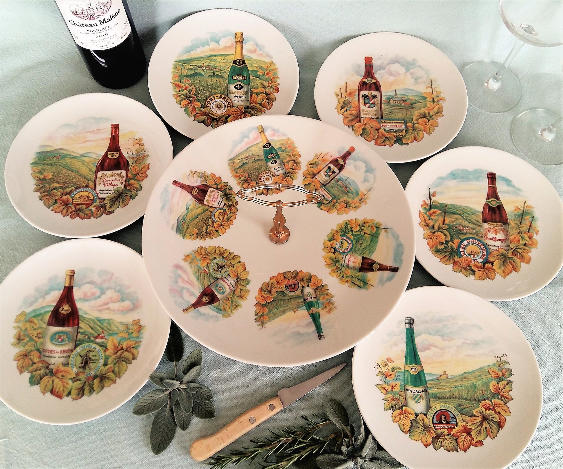 Cheese Plate Set with Platter, Illustrated with Famous French Cheese and Wines. from Tiggy & Pip - €178.00! Shop now at Tiggy and Pip