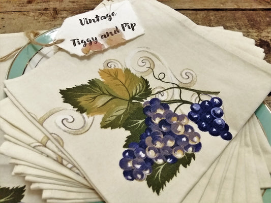 EIGHT Vintage Cotton Napkins in Grape Vine Design. from Tiggy & Pip - €64.00! Shop now at Tiggy and Pip
