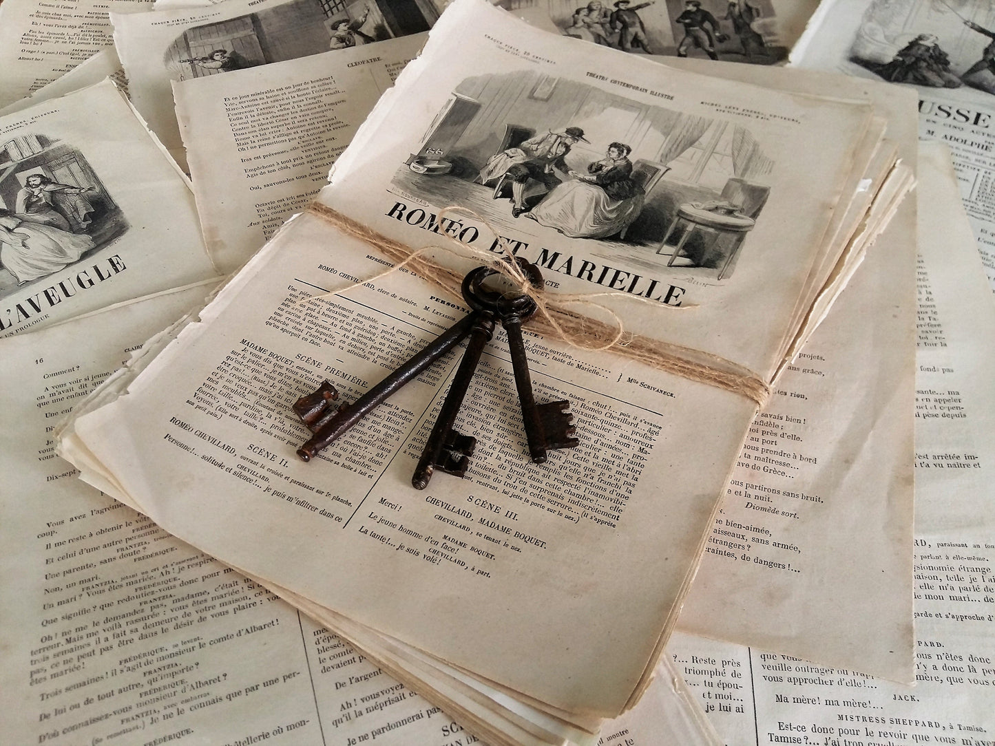 Set of 50+ 1800s Book Pages and Three Antique Iron Keys. from Tiggy & Pip - €58.00! Shop now at Tiggy and Pip