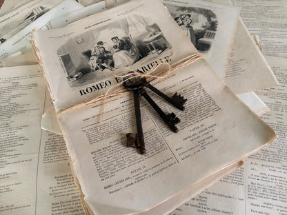 Set of 50+ 1800s Book Pages and Three Antique Iron Keys. from Tiggy & Pip - Just €58! Shop now at Tiggy and Pip