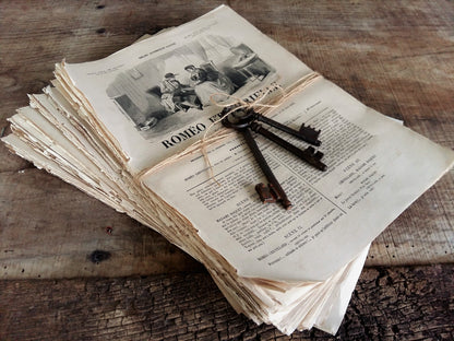 Set of 50+ 1800s Book Pages and Three Antique Iron Keys. from Tiggy & Pip - €58 with FREE worldwide shipping! Shop now at Tiggy and Pip