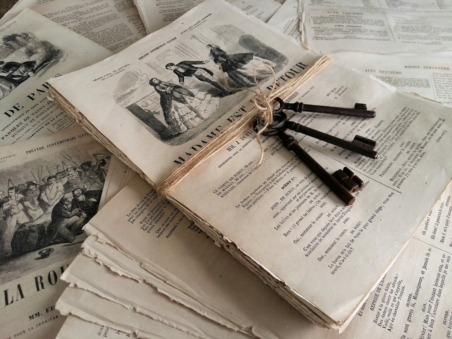 Bundle of 50+ 1800s Book Pages and Three Antique Iron Keys. from Tiggy & Pip - €58.00! Shop now at Tiggy and Pip