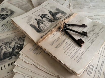 Bundle of 50+ 1800s Book Pages and Three Antique Iron Keys. from Tiggy & Pip - Just €58! Shop now at Tiggy and Pip
