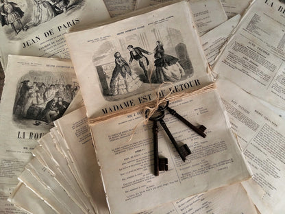 Bundle of 50+ 1800s Book Pages and Three Antique Iron Keys. from Tiggy & Pip - Just €58! Shop now at Tiggy and Pip