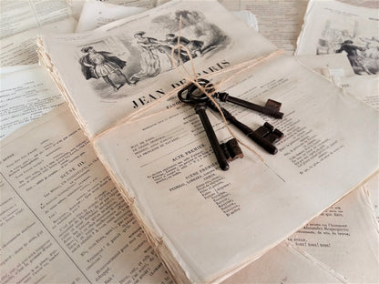 Pack of 50+ 1800s Book Pages and Three Antique Iron Keys. from Tiggy & Pip - €58 with FREE worldwide shipping! Shop now at Tiggy and Pip