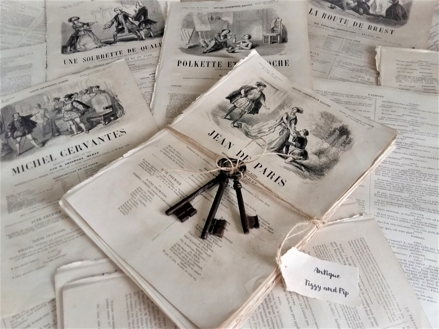Pack of 50+ 1800s Book Pages and Three Antique Iron Keys. from Tiggy & Pip - €58.00! Shop now at Tiggy and Pip