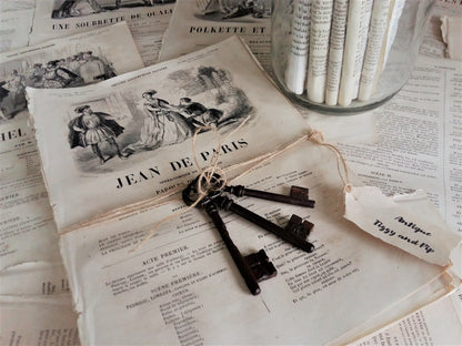 Pack of 50+ 1800s Book Pages and Three Antique Iron Keys. from Tiggy & Pip - Just €58! Shop now at Tiggy and Pip