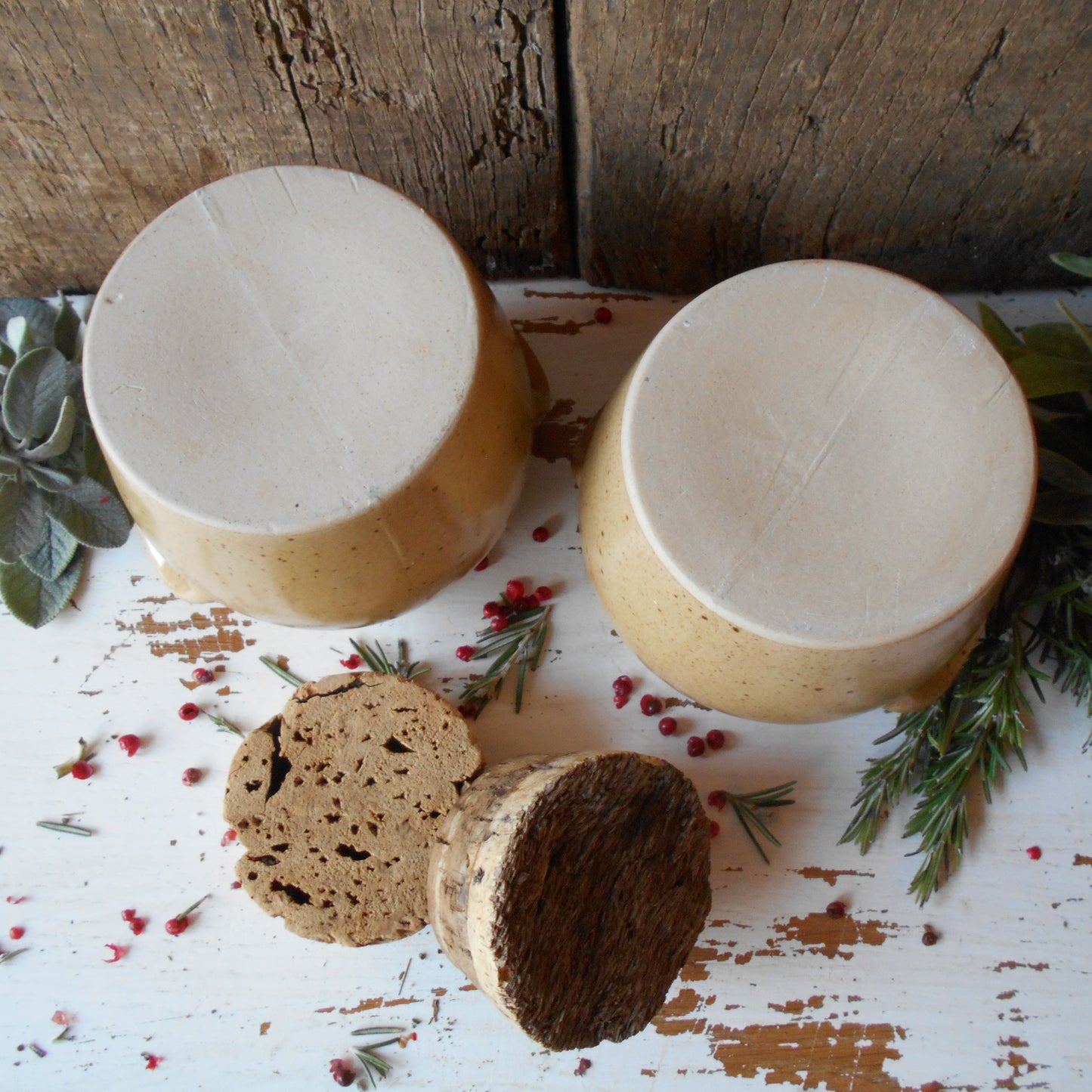 Two Stoneware Mustard Crocks with Vintage Cork Stoppers. French Mustard Jars. from Tiggy & Pip - €78.00! Shop now at Tiggy and Pip