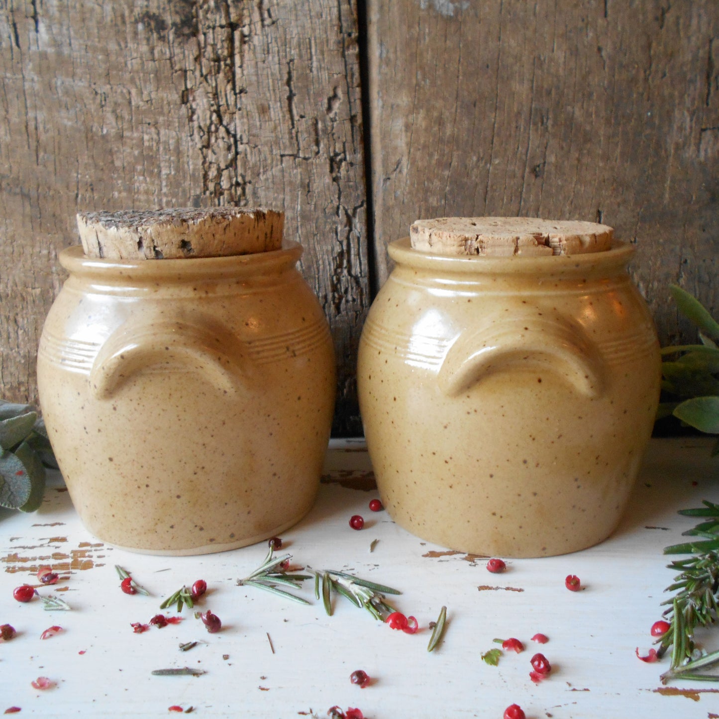 Two Stoneware Mustard Crocks with Vintage Cork Stoppers. French Mustard Jars. from Tiggy & Pip - €78.00! Shop now at Tiggy and Pip
