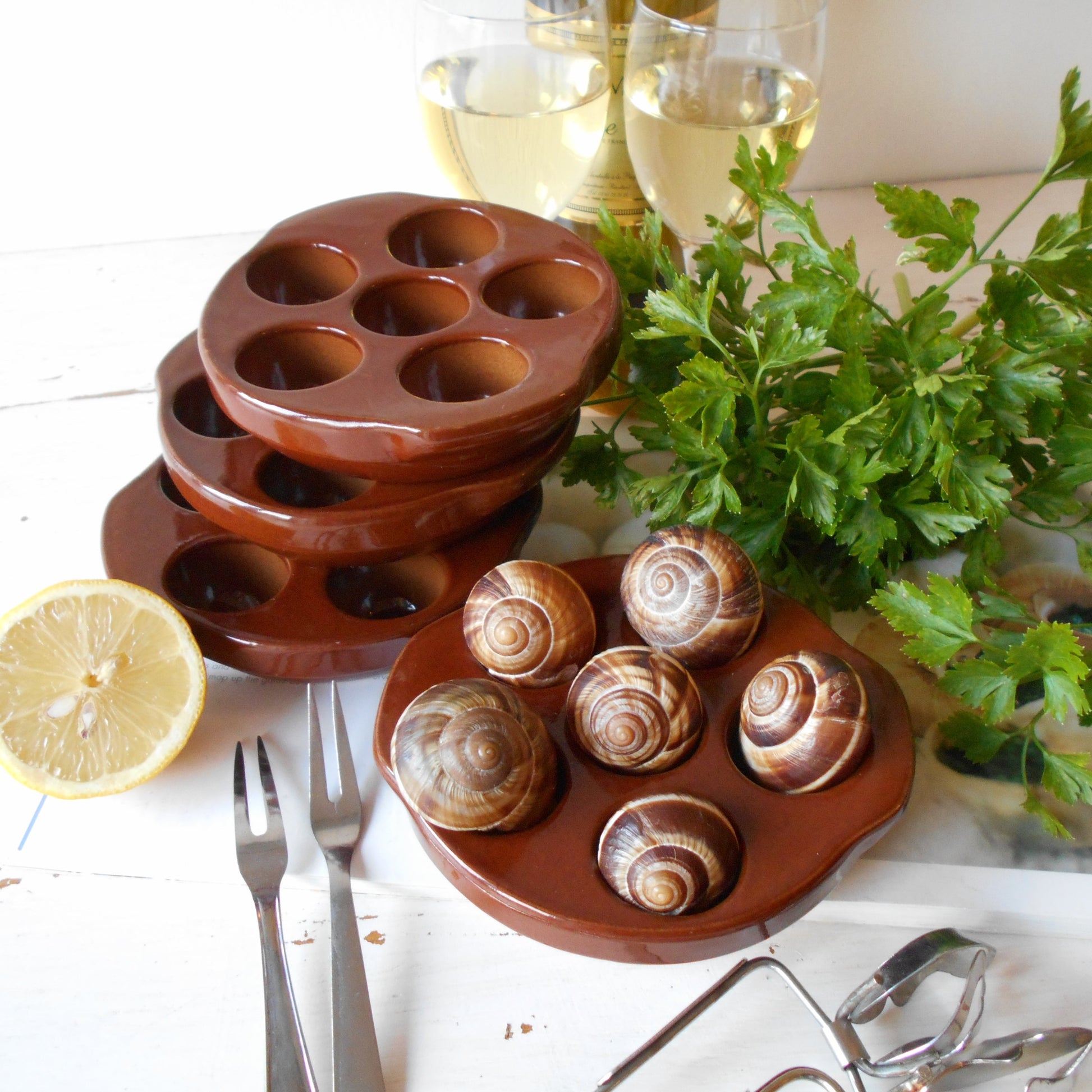 Four Escargot Cooking/Serving Dishes. from Tiggy & Pip - Just $80.00! Shop now at Tiggy and Pip