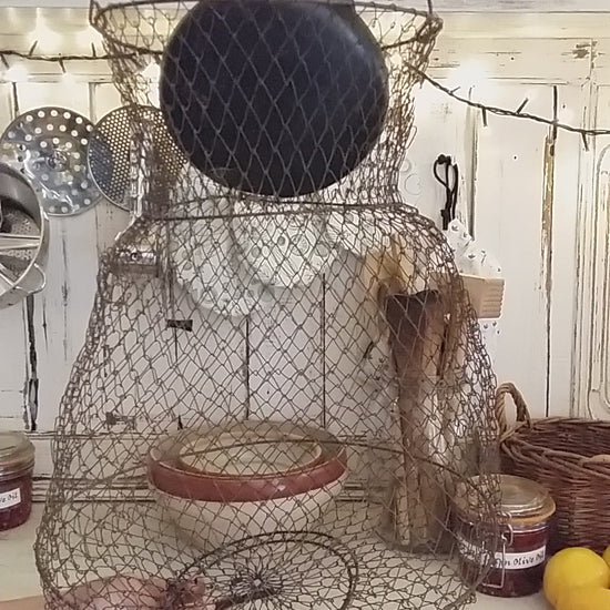 Enormous Wire Fishing Basket. French Fish Basket. Industrial Kitchen Decor. Lidded, Collapsible, Wire Hanging Basket. Vegetable Basket.