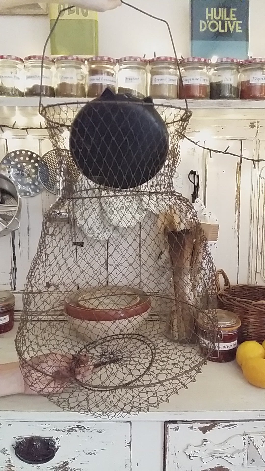 Enormous Wire Fishing Basket. French Fish Basket. Industrial Kitchen Decor. Lidded, Collapsible, Wire Hanging Basket. Vegetable Basket.