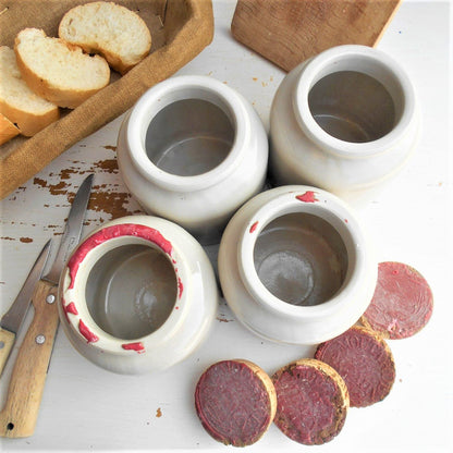 Set of Four, Antique, Stoneware Mustard Pots with Waxed Cork Stoppers. from Tiggy & Pip - Just €112! Shop now at Tiggy and Pip