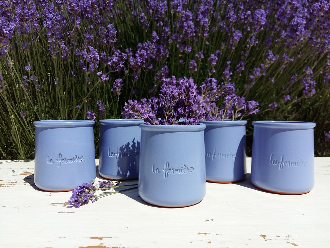Set of TWELVE Vintage French LA FERMIERE, Lavender Blue Yogurt Pots. from Tiggy & Pip - €120.00! Shop now at Tiggy and Pip