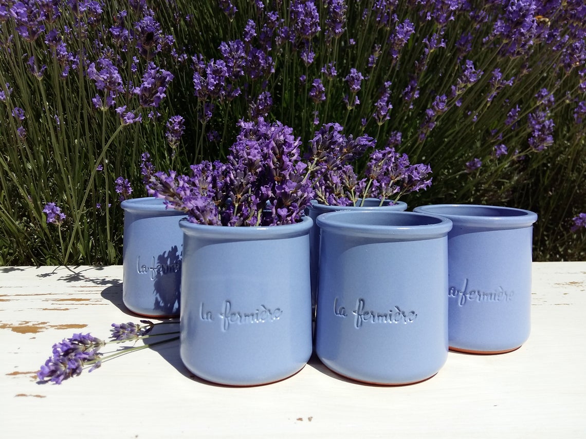 Set of TWELVE Vintage French LA FERMIERE, Lavender Blue Yogurt Pots. from Tiggy & Pip - €120.00! Shop now at Tiggy and Pip