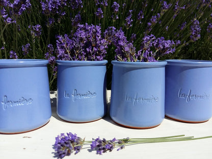 Set of SIX Vintage French LA FERMIERE, Lavender Blue Yogurt Pots. from Tiggy & Pip - Just €72! Shop now at Tiggy and Pip