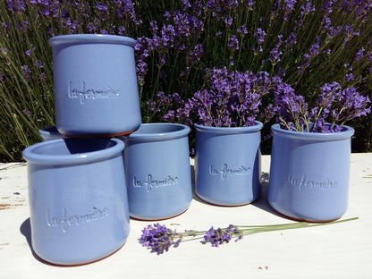 Set of TWELVE Vintage French LA FERMIERE, Lavender Blue Yogurt Pots. from Tiggy & Pip - Just €120! Shop now at Tiggy and Pip