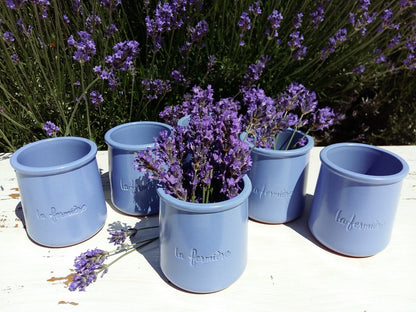 Set of TWELVE Vintage French LA FERMIERE, Lavender Blue Yogurt Pots. from Tiggy & Pip - Just €120! Shop now at Tiggy and Pip