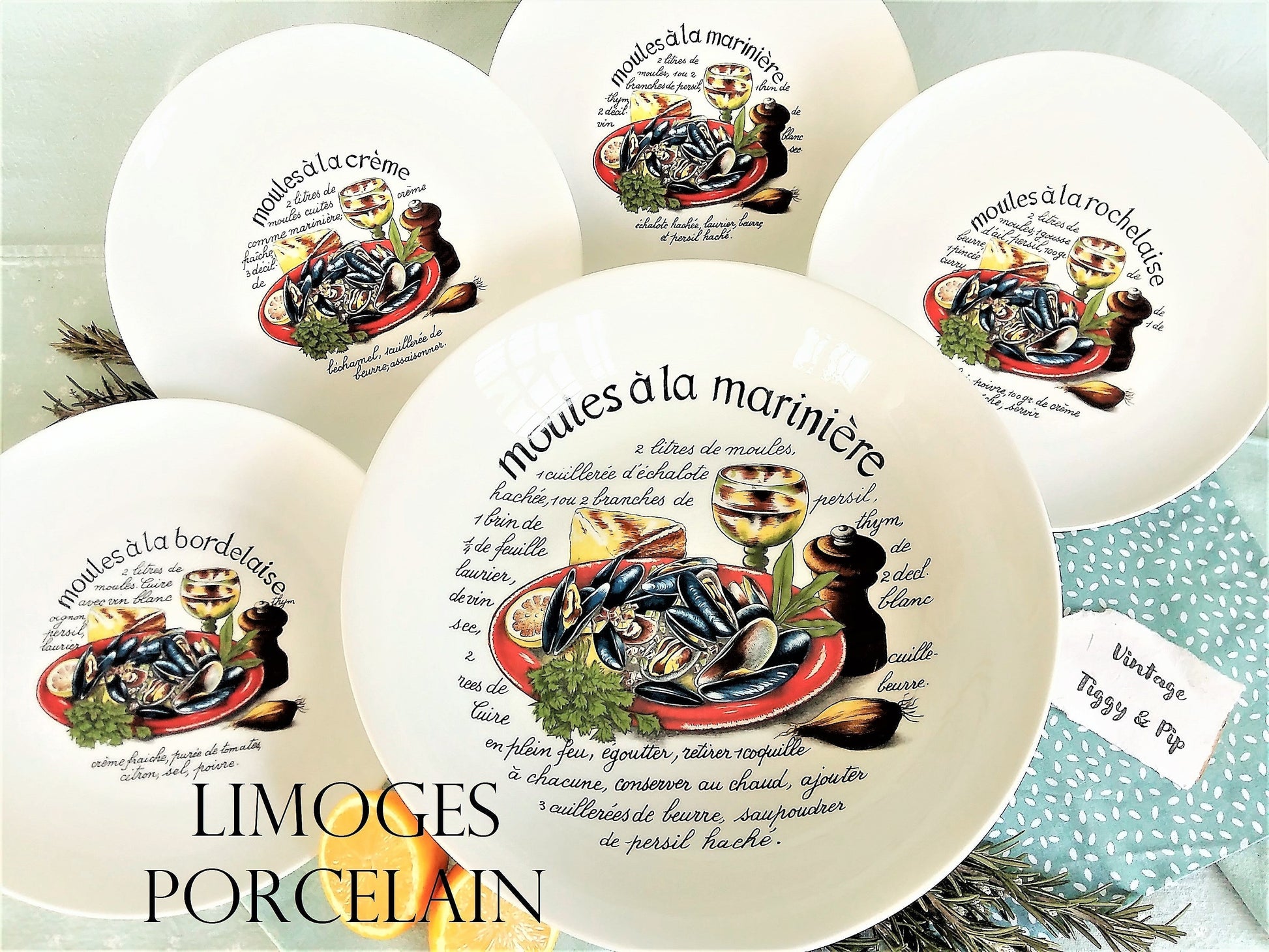 FOUR Limoges Plates for Moules with Large Serving Bowl. from Tiggy & Pip - €189.00! Shop now at Tiggy and Pip